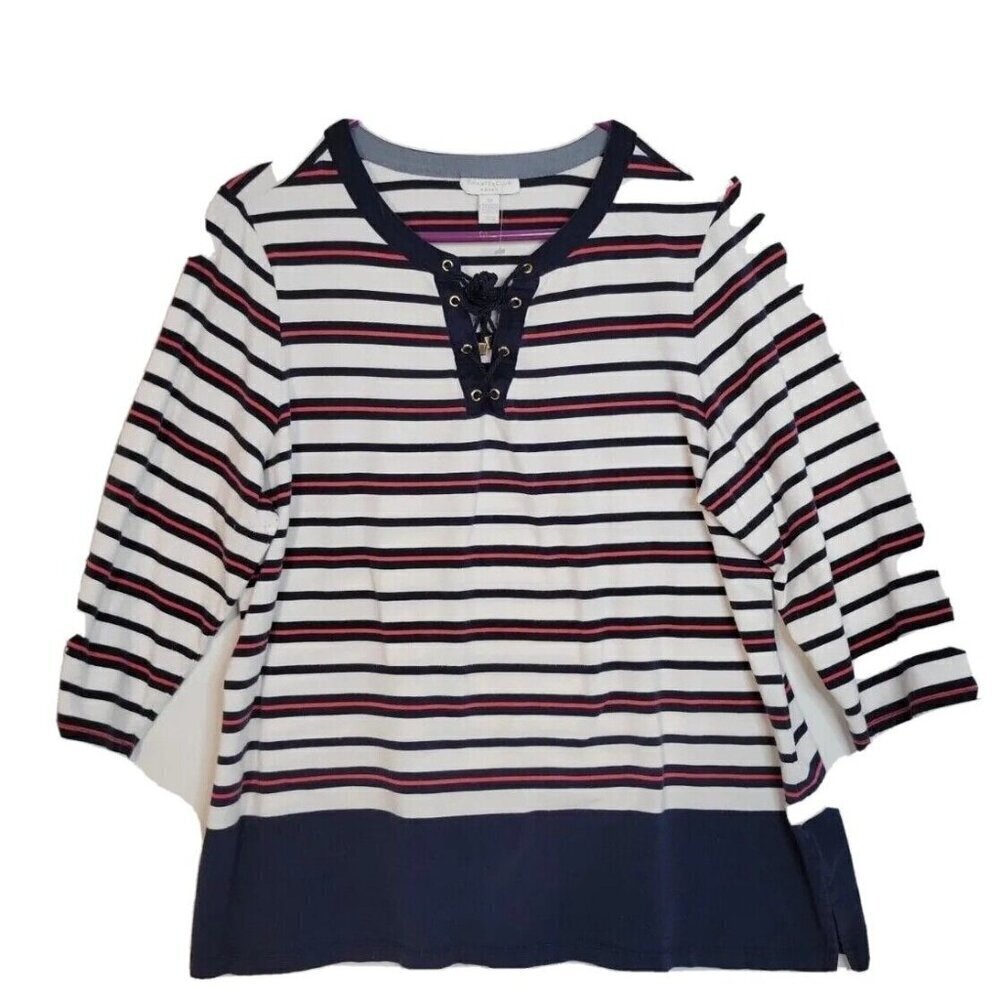 Charter Club Womens Tunic Top Blouse 2X Striped Blue White Nautical V-neck 26/28